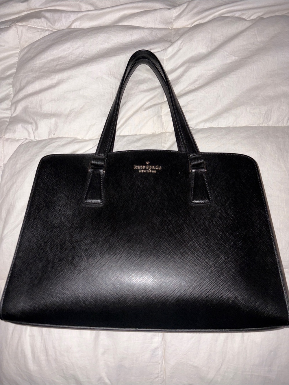Black Saffiano Leather Handbag with Gold Zipper Detail